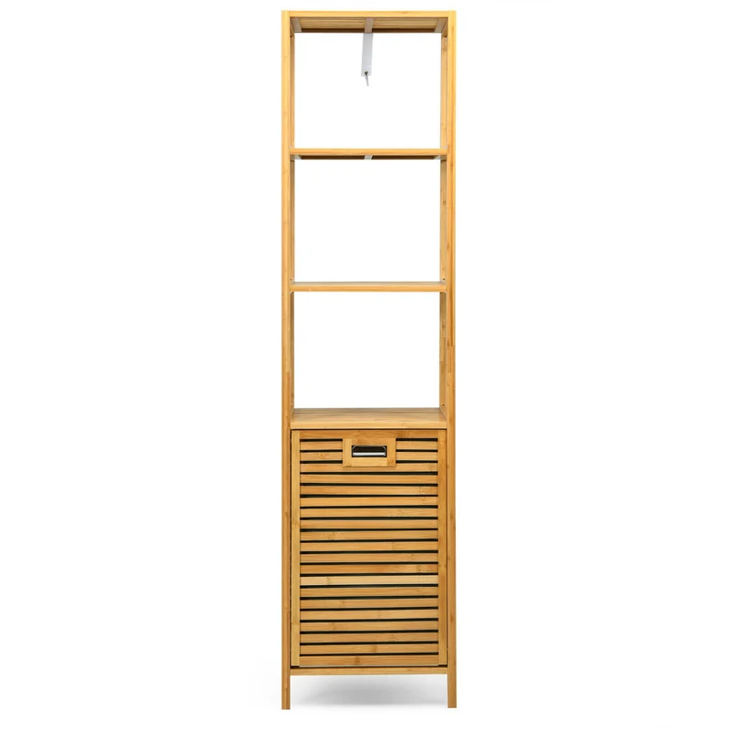 Bamboo Tower Hamper Organizer with 3-Tier Storage Shelves, Natural