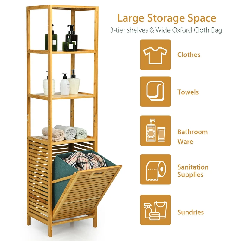 Bamboo Tower Hamper Organizer with 3-Tier Storage Shelves, Natural