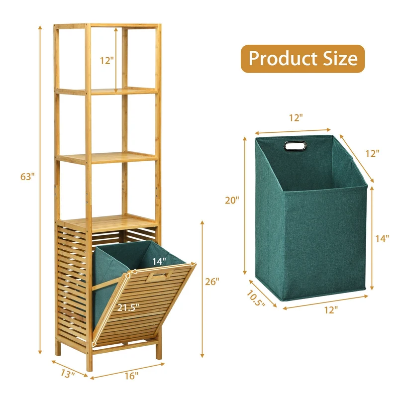 Bamboo Tower Hamper Organizer with 3-Tier Storage Shelves, Natural