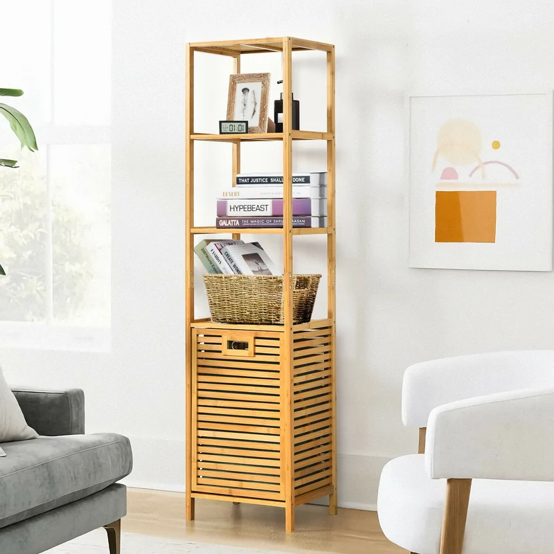Bamboo Tower Hamper Organizer with 3-Tier Storage Shelves, Natural