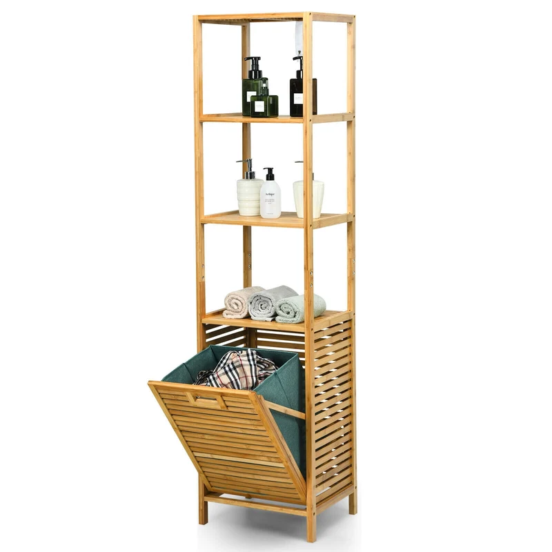 Bamboo Tower Hamper Organizer with 3-Tier Storage Shelves, Natural