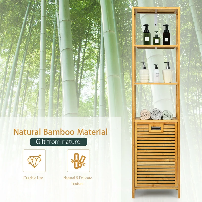 Bamboo Tower Hamper Organizer with 3-Tier Storage Shelves, Natural