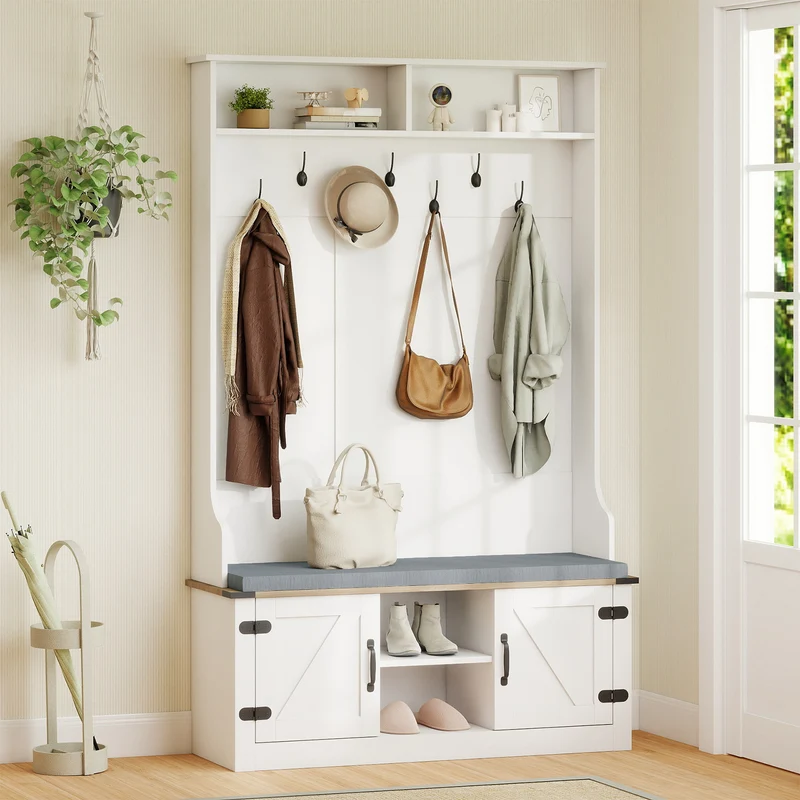4-in-1 68.5 Inch Tall Coat Rack with Cushioned Bench and Shoe Storage, White