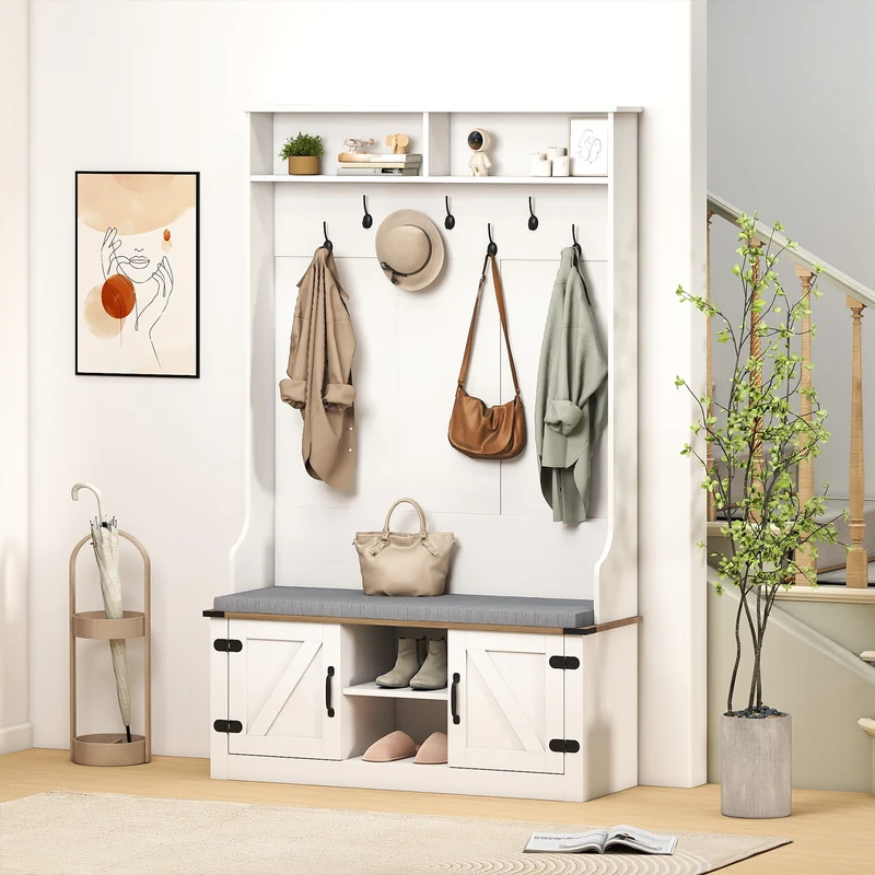 4-in-1 68.5 Inch Tall Coat Rack with Cushioned Bench and Shoe Storage, White