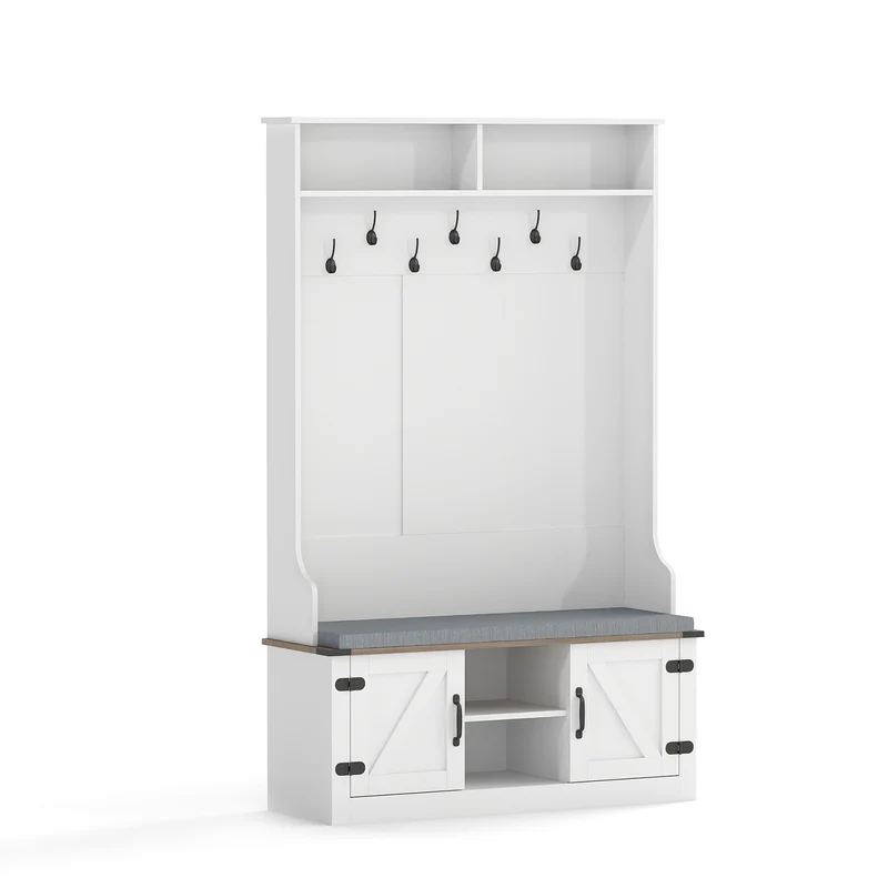 4-in-1 68.5 Inch Tall Coat Rack with Cushioned Bench and Shoe Storage, White