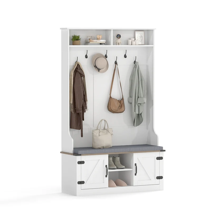 4-in-1 68.5 Inch Tall Coat Rack with Cushioned Bench and Shoe Storage, White
