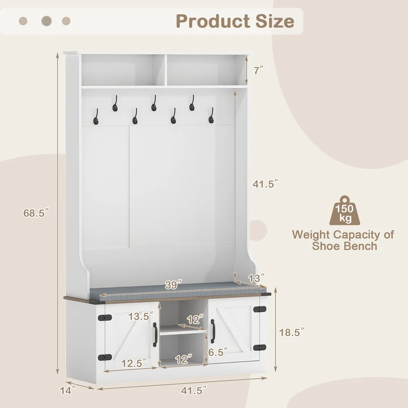 4-in-1 68.5 Inch Tall Coat Rack with Cushioned Bench and Shoe Storage, White