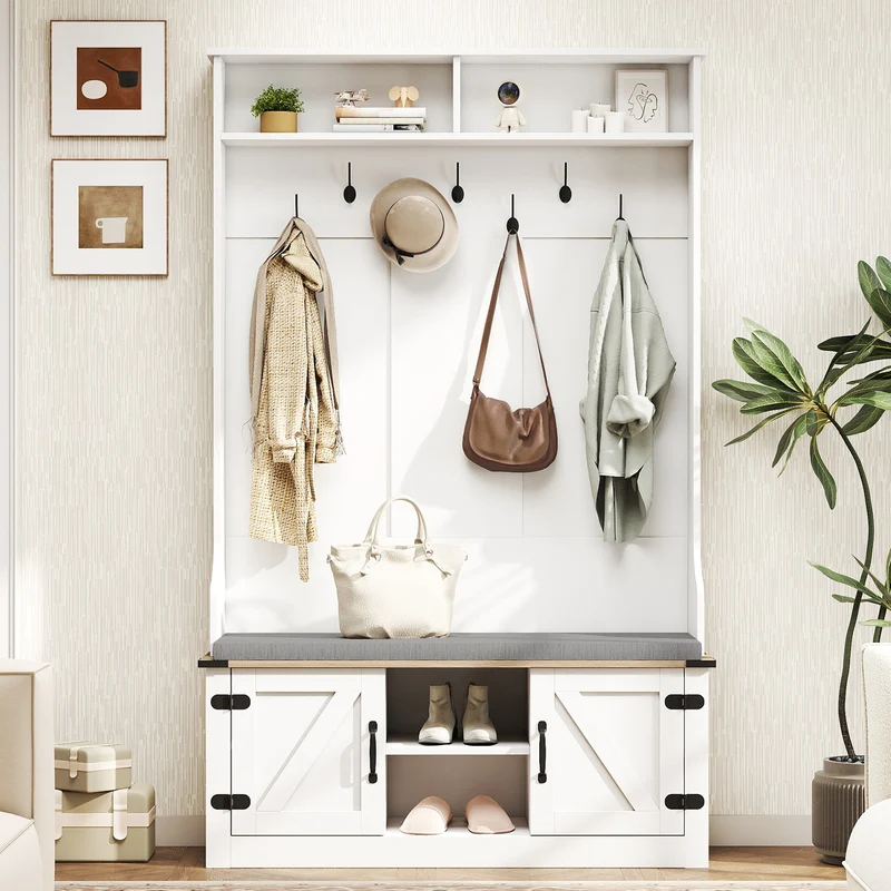 4-in-1 68.5 Inch Tall Coat Rack with Cushioned Bench and Shoe Storage, White