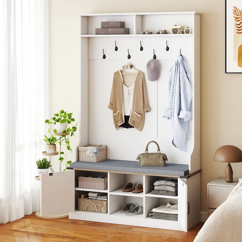 4-in-1 68.5 Inch Tall Coat Rack with Cushioned Bench and Shoe Storage, White