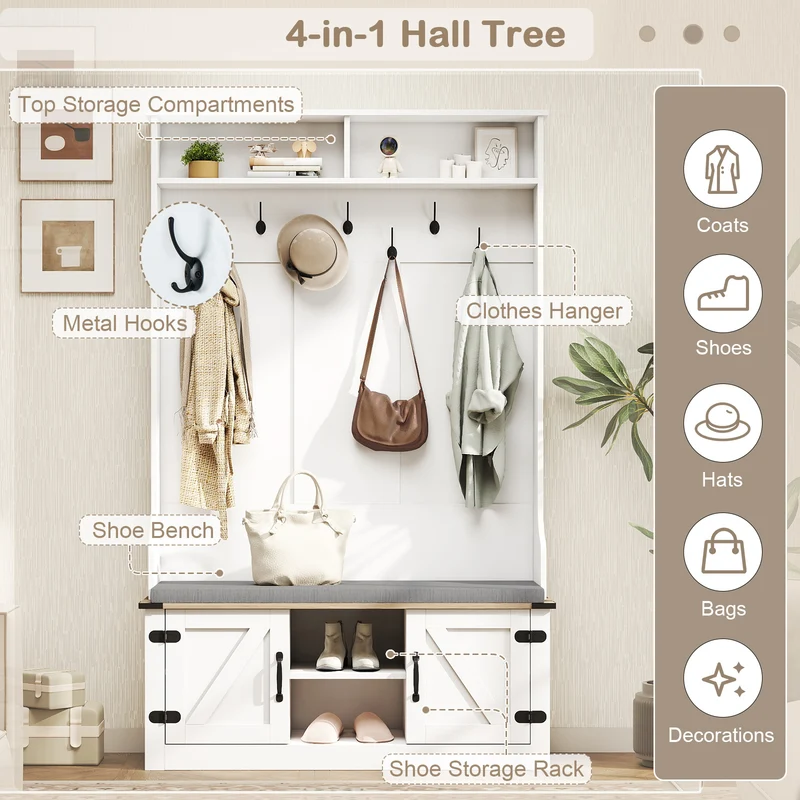 4-in-1 68.5 Inch Tall Coat Rack with Cushioned Bench and Shoe Storage, White