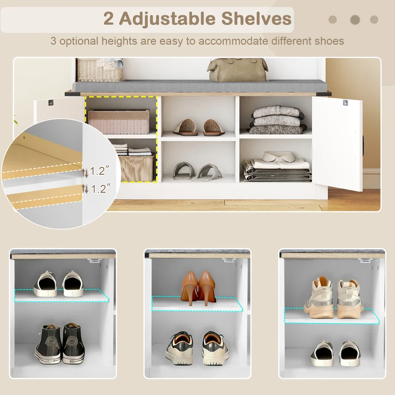 4-in-1 68.5 Inch Tall Coat Rack with Cushioned Bench and Shoe Storage, White