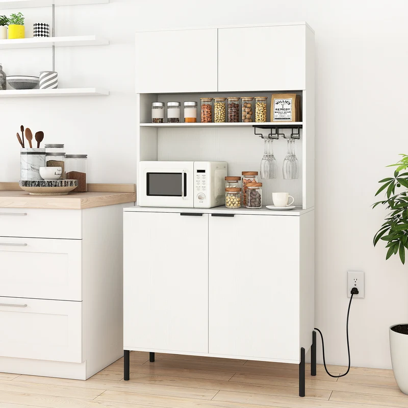 64.5 Inches Tall Kitchen Pantry Cabinet with Charging Station and Wine Glass Rack, White