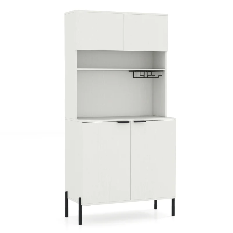 64.5 Inches Tall Kitchen Pantry Cabinet with Charging Station and Wine Glass Rack, White