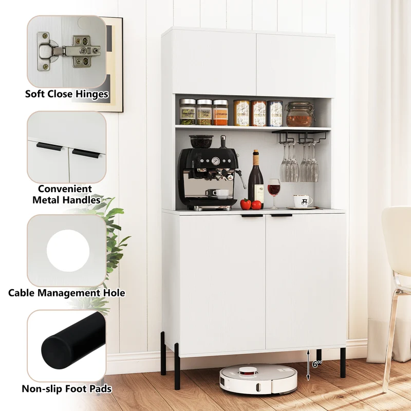 64.5 Inches Tall Kitchen Pantry Cabinet with Charging Station and Wine Glass Rack, White