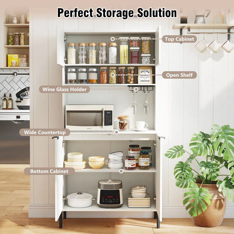 64.5 Inches Tall Kitchen Pantry Cabinet with Charging Station and Wine Glass Rack, White