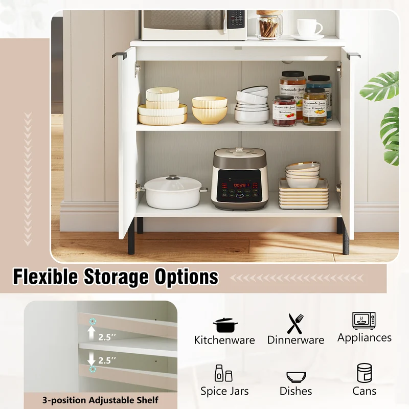 64.5 Inches Tall Kitchen Pantry Cabinet with Charging Station and Wine Glass Rack, White