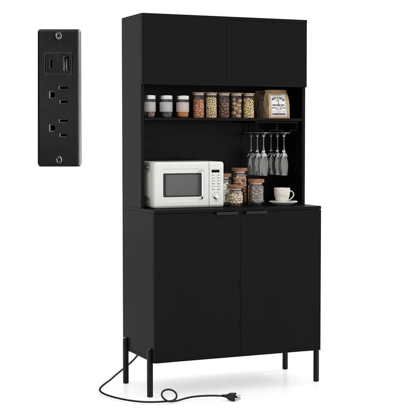 64.5 Inches Tall Kitchen Pantry Cabinet with Charging Station and Wine Glass Rack, Black