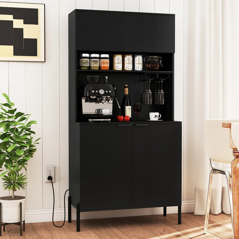 64.5 Inches Tall Kitchen Pantry Cabinet with Charging Station and Wine Glass Rack, Black