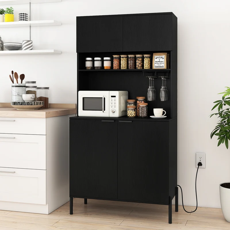64.5 Inches Tall Kitchen Pantry Cabinet with Charging Station and Wine Glass Rack, Black