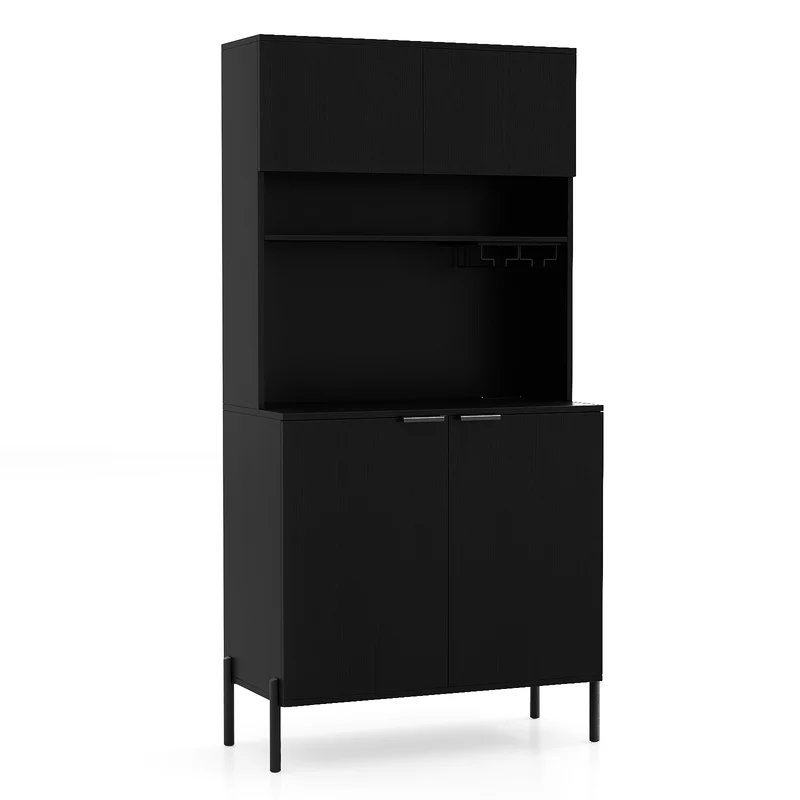 64.5 Inches Tall Kitchen Pantry Cabinet with Charging Station and Wine Glass Rack, Black