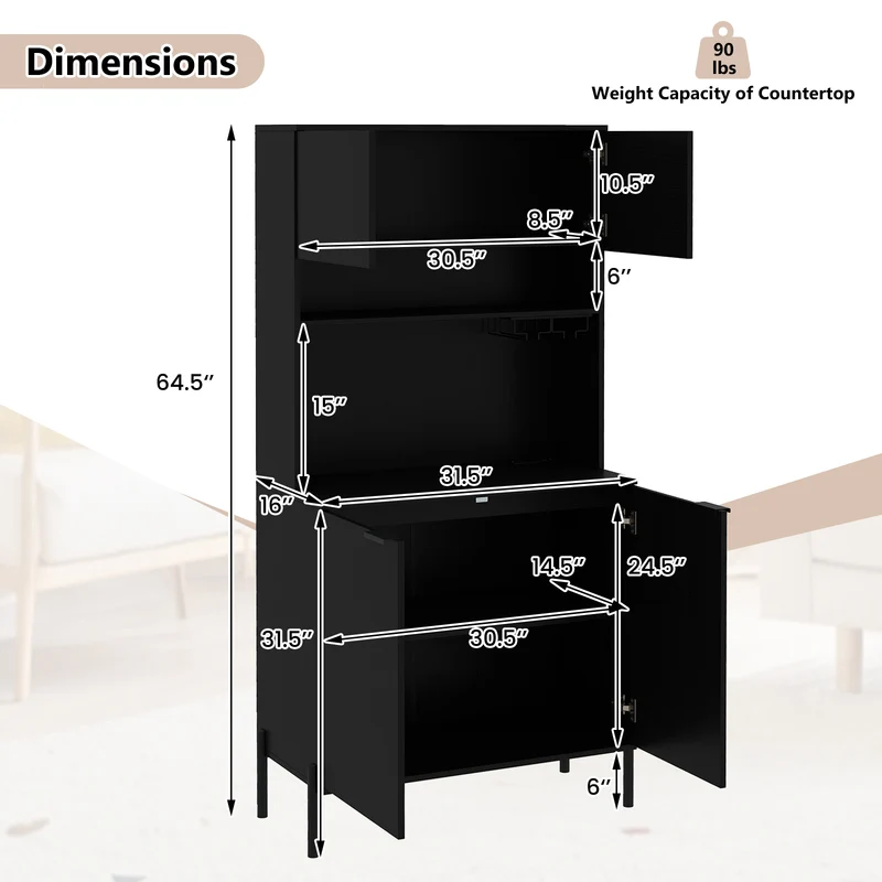 64.5 Inches Tall Kitchen Pantry Cabinet with Charging Station and Wine Glass Rack, Black
