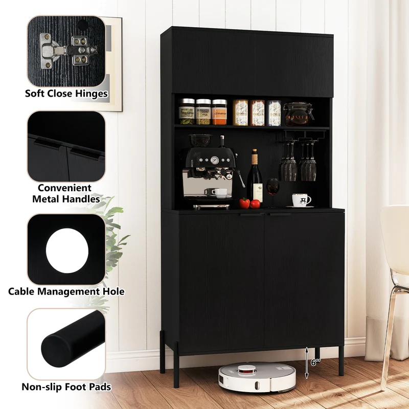 64.5 Inches Tall Kitchen Pantry Cabinet with Charging Station and Wine Glass Rack, Black