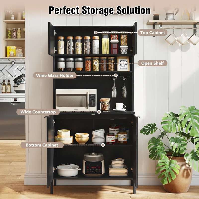 64.5 Inches Tall Kitchen Pantry Cabinet with Charging Station and Wine Glass Rack, Black
