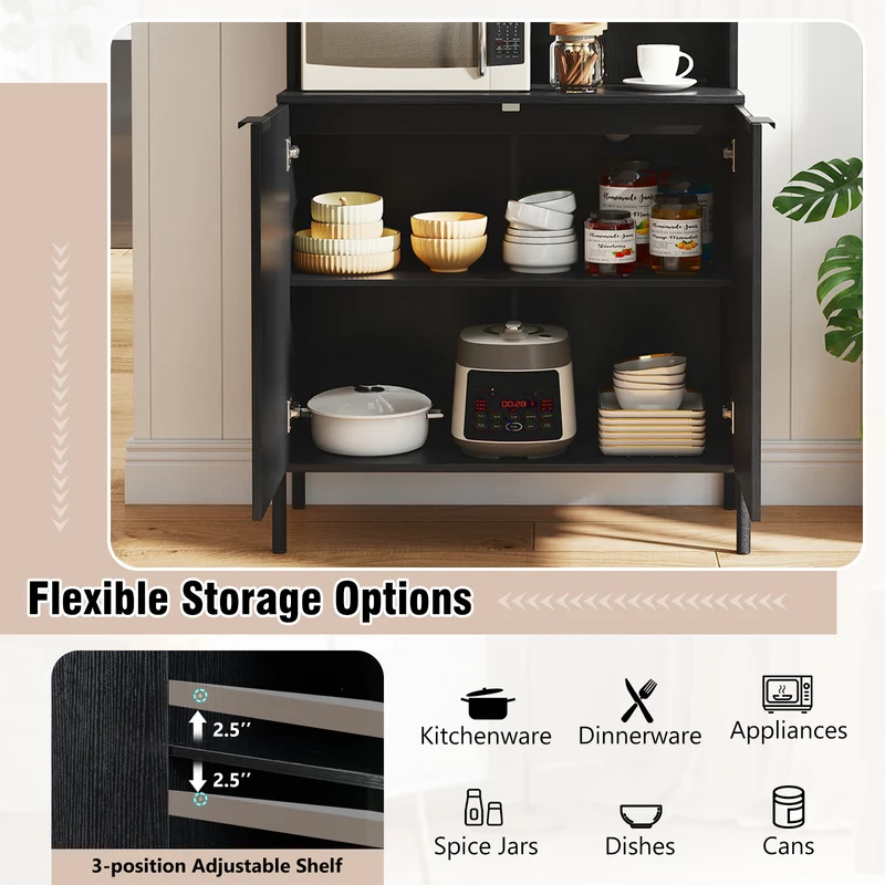 64.5 Inches Tall Kitchen Pantry Cabinet with Charging Station and Wine Glass Rack, Black