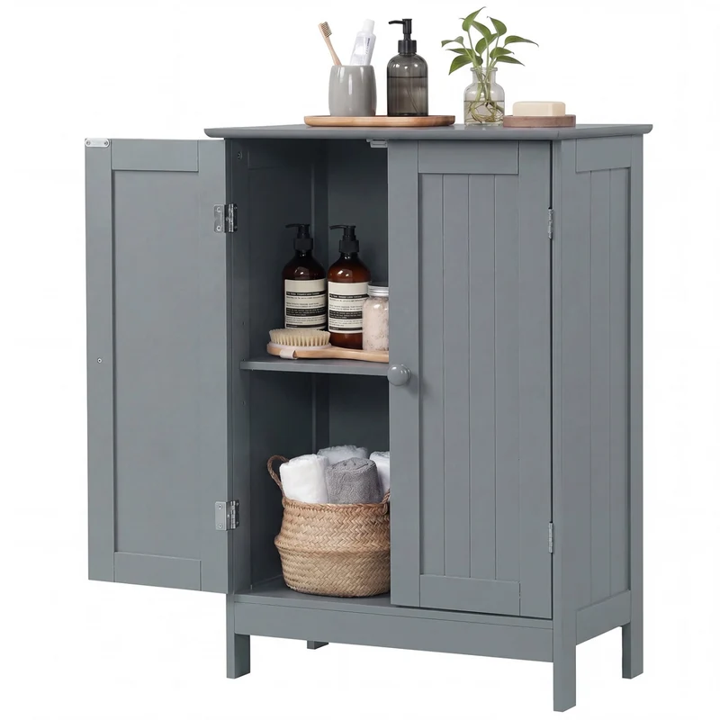 Bathroom Floor Storage Double Door Cupboard Cabinet, Gray