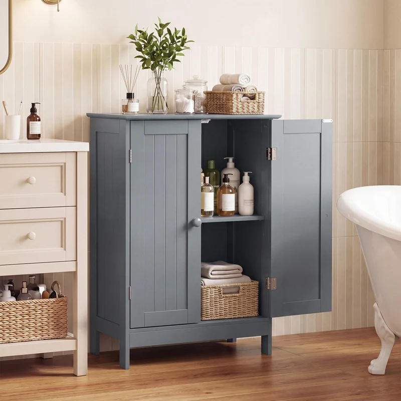 Bathroom Floor Storage Double Door Cupboard Cabinet, Gray