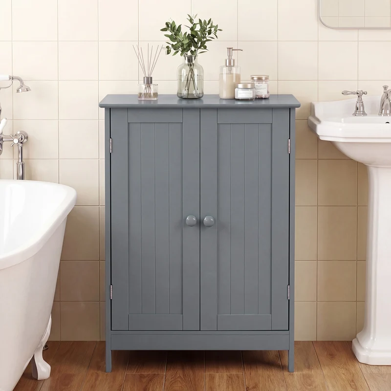 Bathroom Floor Storage Double Door Cupboard Cabinet, Gray