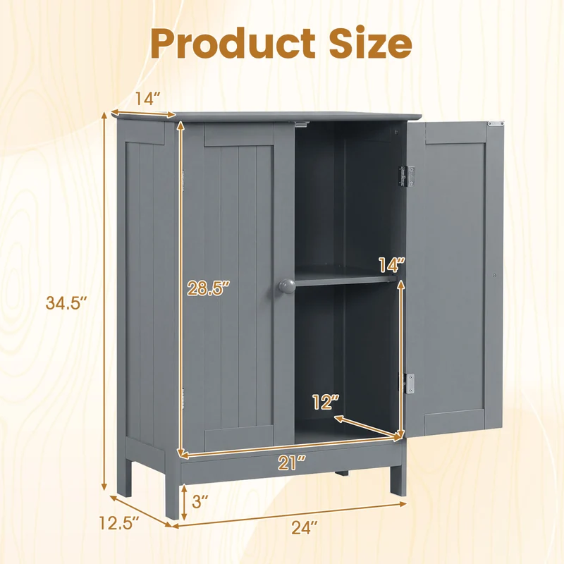 Bathroom Floor Storage Double Door Cupboard Cabinet, Gray