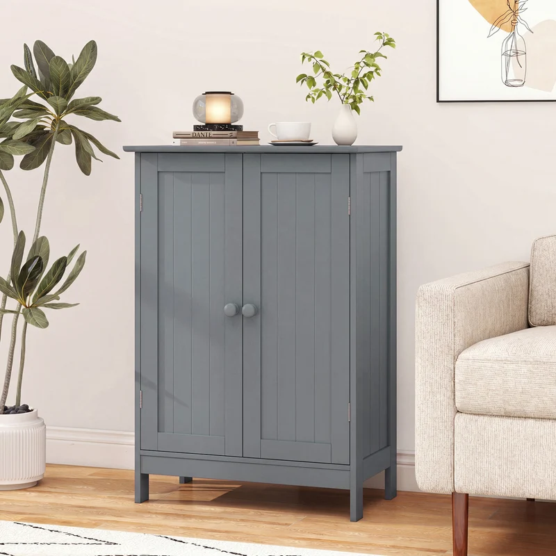 Bathroom Floor Storage Double Door Cupboard Cabinet, Gray