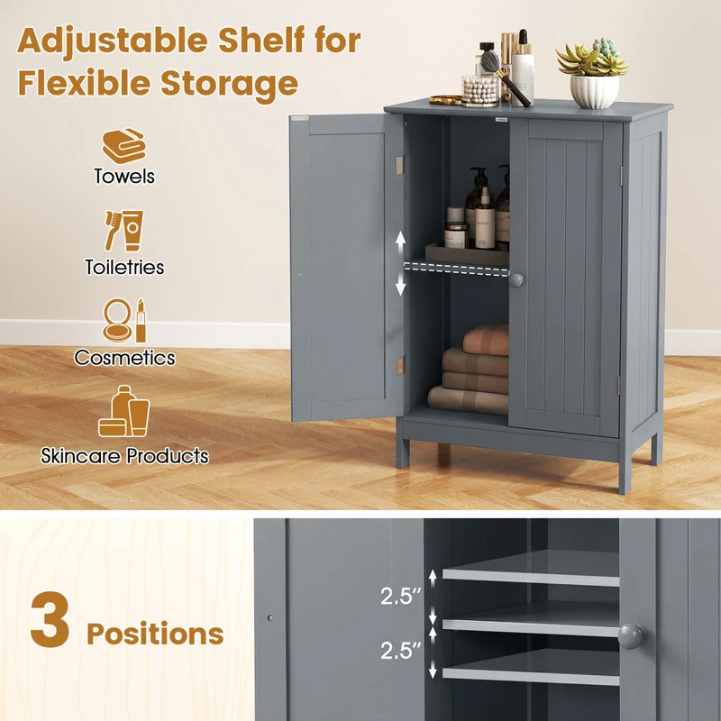 Bathroom Floor Storage Double Door Cupboard Cabinet, Gray