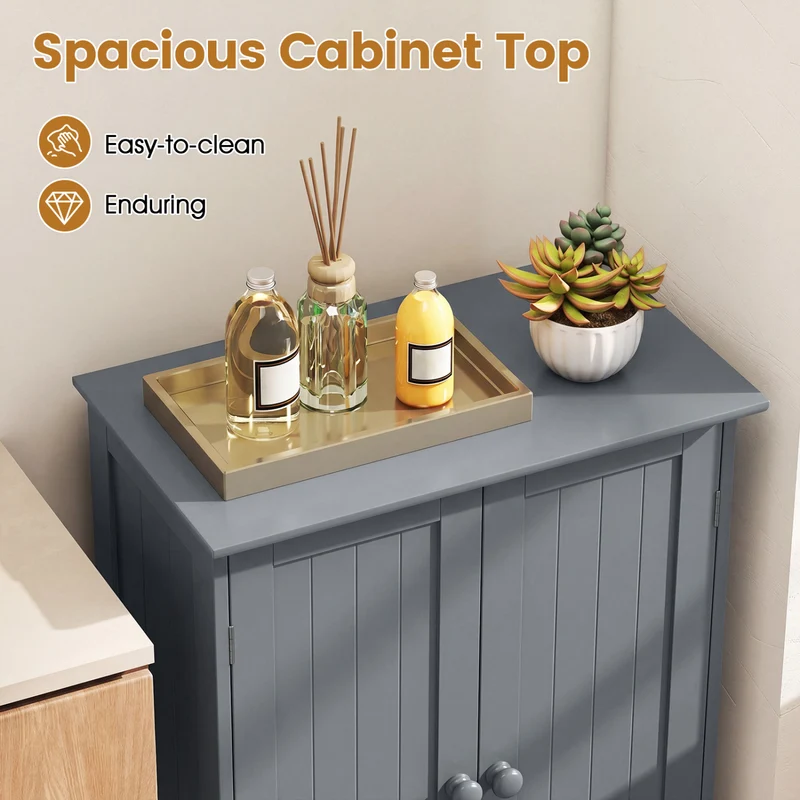 Bathroom Floor Storage Double Door Cupboard Cabinet, Gray