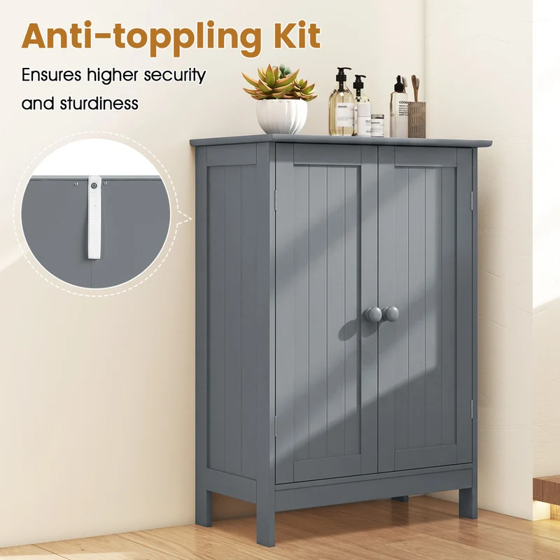Bathroom Floor Storage Double Door Cupboard Cabinet, Gray
