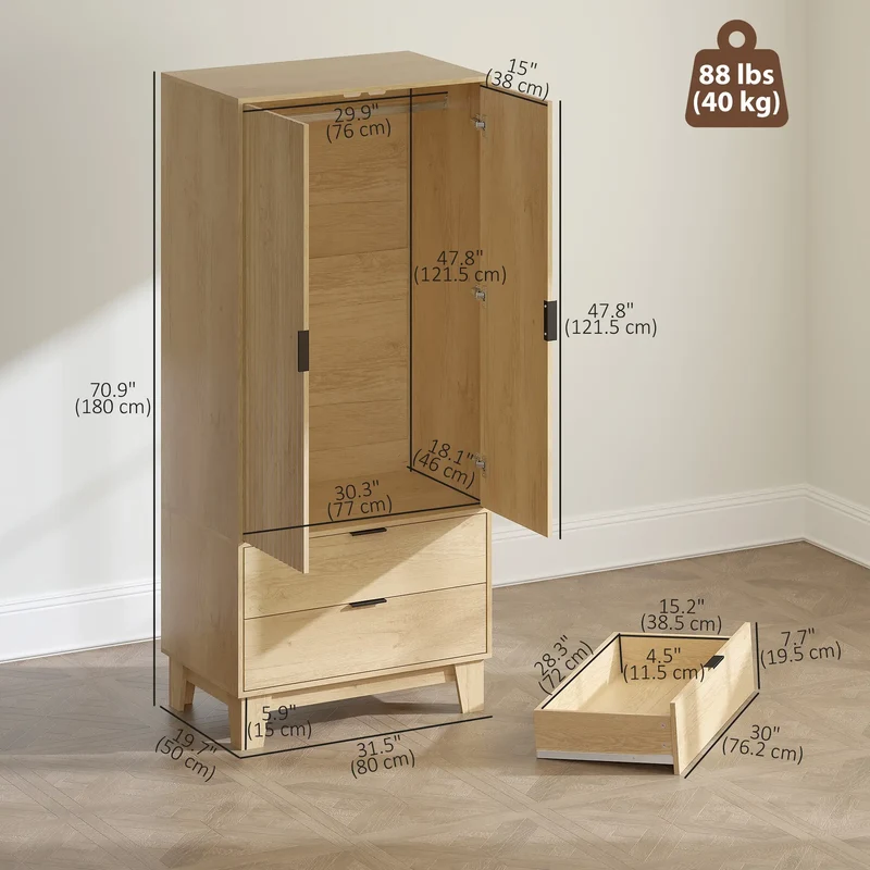 Modern Wardrobe Closet, Freestanding Armoire, 2 Drawers, Hanging Rod, Natural