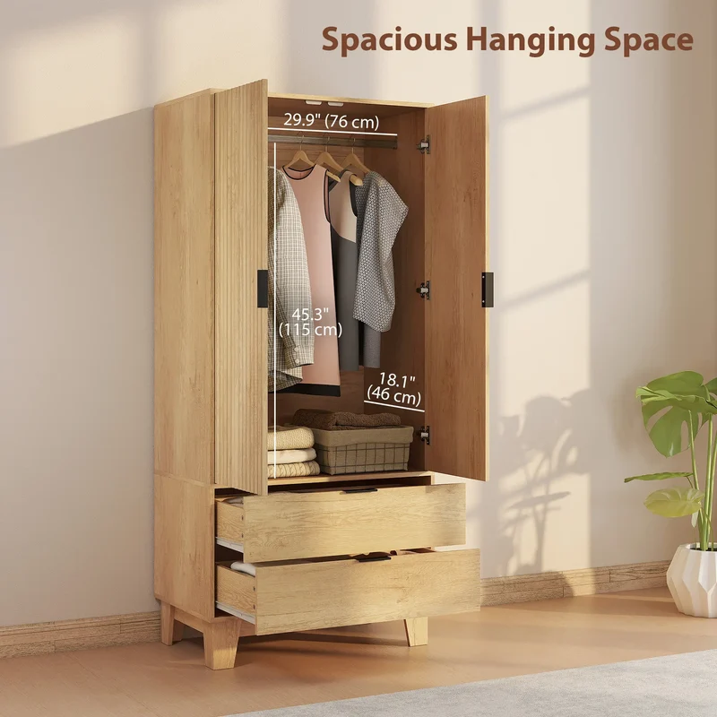 Modern Wardrobe Closet, Freestanding Armoire, 2 Drawers, Hanging Rod, Natural