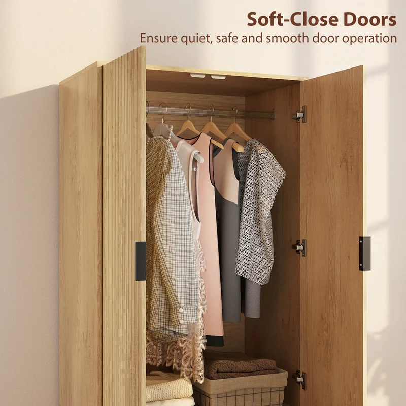 Modern Wardrobe Closet, Freestanding Armoire, 2 Drawers, Hanging Rod, Natural