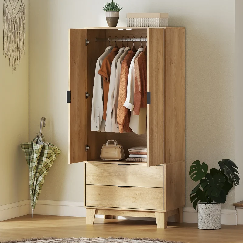 Modern Wardrobe Closet, Freestanding Armoire, 2 Drawers, Hanging Rod, Natural