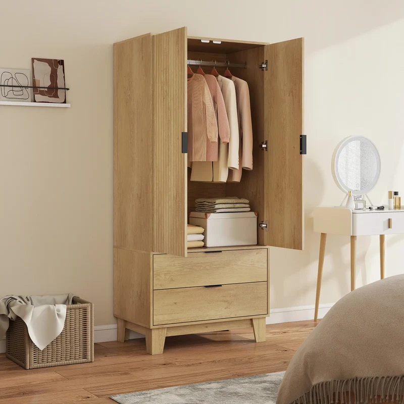 Modern Wardrobe Closet, Freestanding Armoire, 2 Drawers, Hanging Rod, Natural