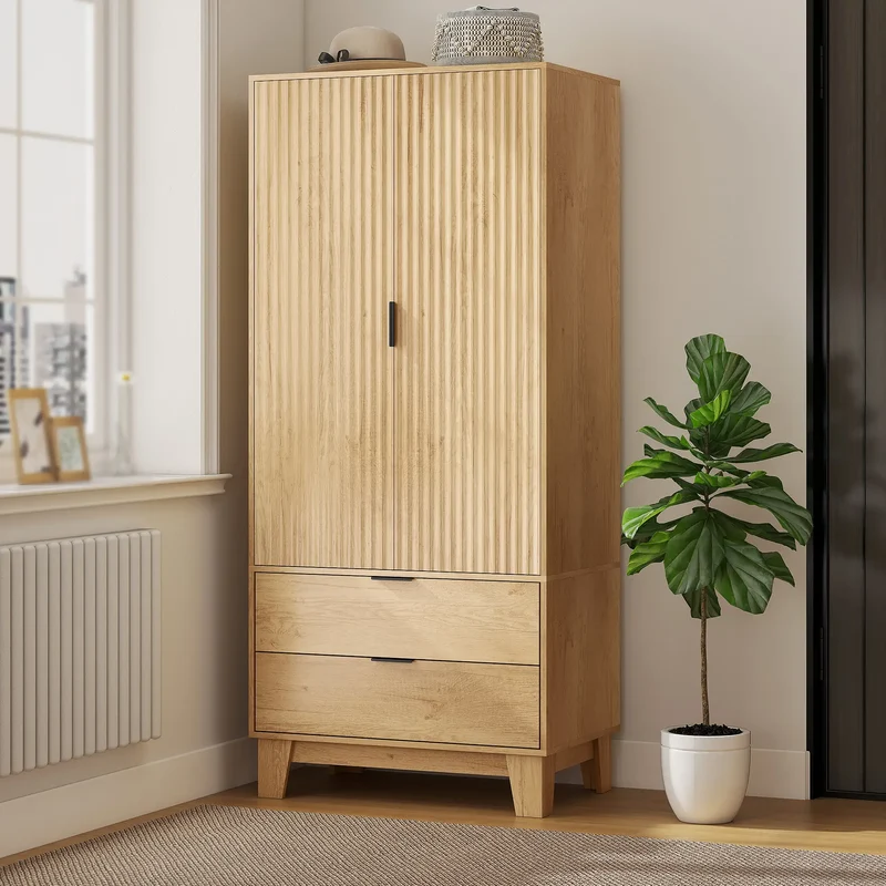 Modern Wardrobe Closet, Freestanding Armoire, 2 Drawers, Hanging Rod, Natural