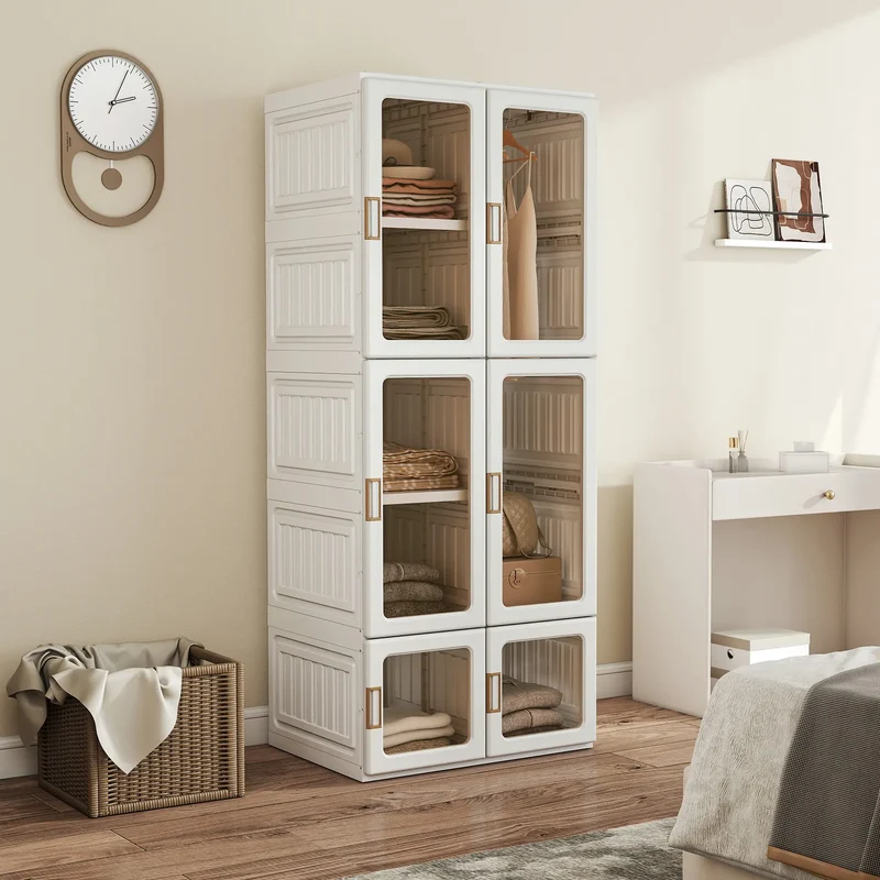 Portable Wardrobe, Foldable Plastic Closet, 6 Compartments, White