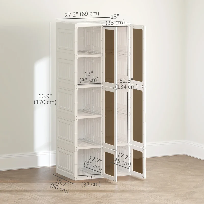 Portable Wardrobe, Foldable Plastic Closet, 6 Compartments, White