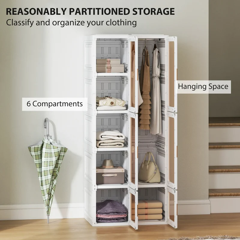 Portable Wardrobe, Foldable Plastic Closet, 6 Compartments, White