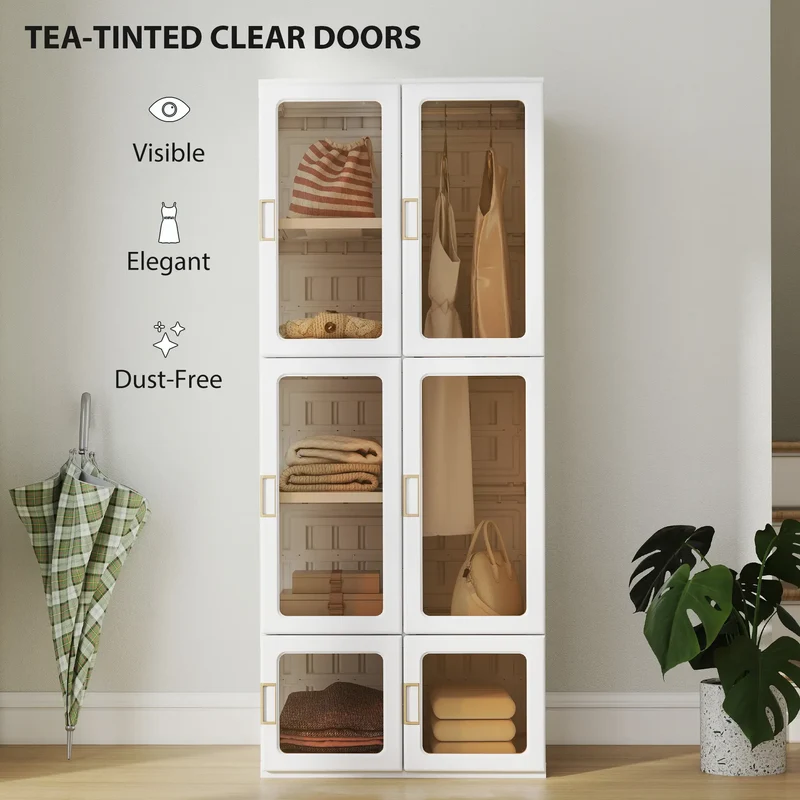 Portable Wardrobe, Foldable Plastic Closet, 6 Compartments, White
