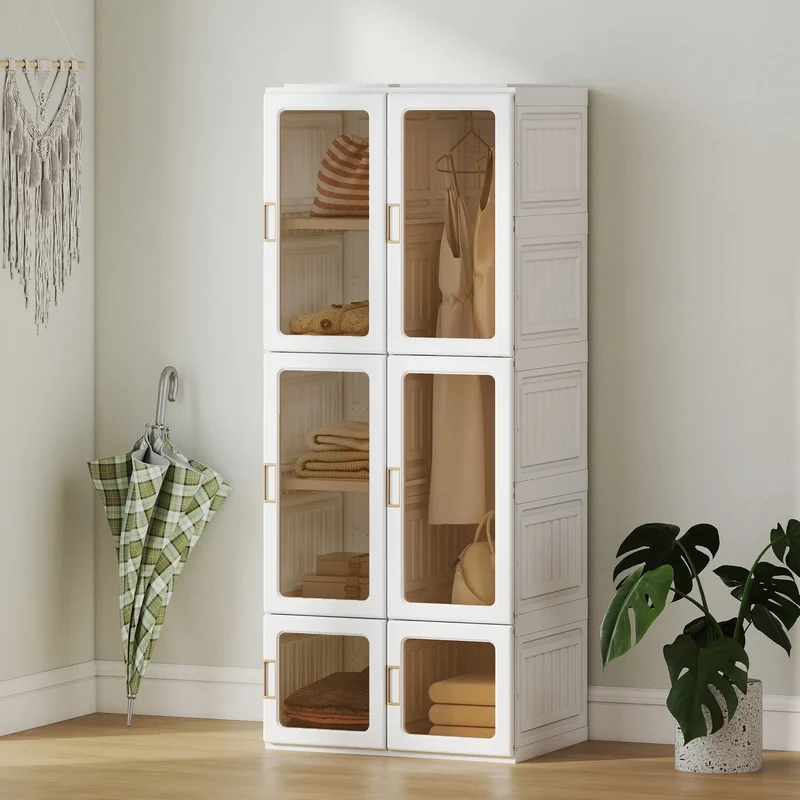 Portable Wardrobe, Foldable Plastic Closet, 6 Compartments, White