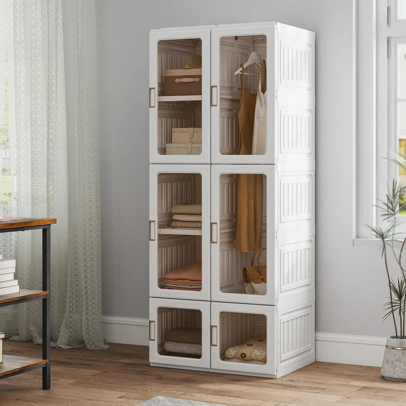 Portable Wardrobe, Foldable Plastic Closet, 6 Compartments, White