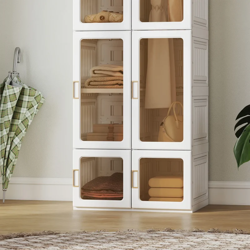 Portable Wardrobe, Foldable Plastic Closet, 6 Compartments, White