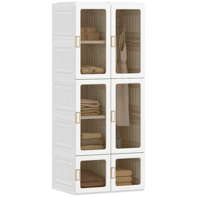 Portable Wardrobe, Foldable Plastic Closet, 6 Compartments, White
